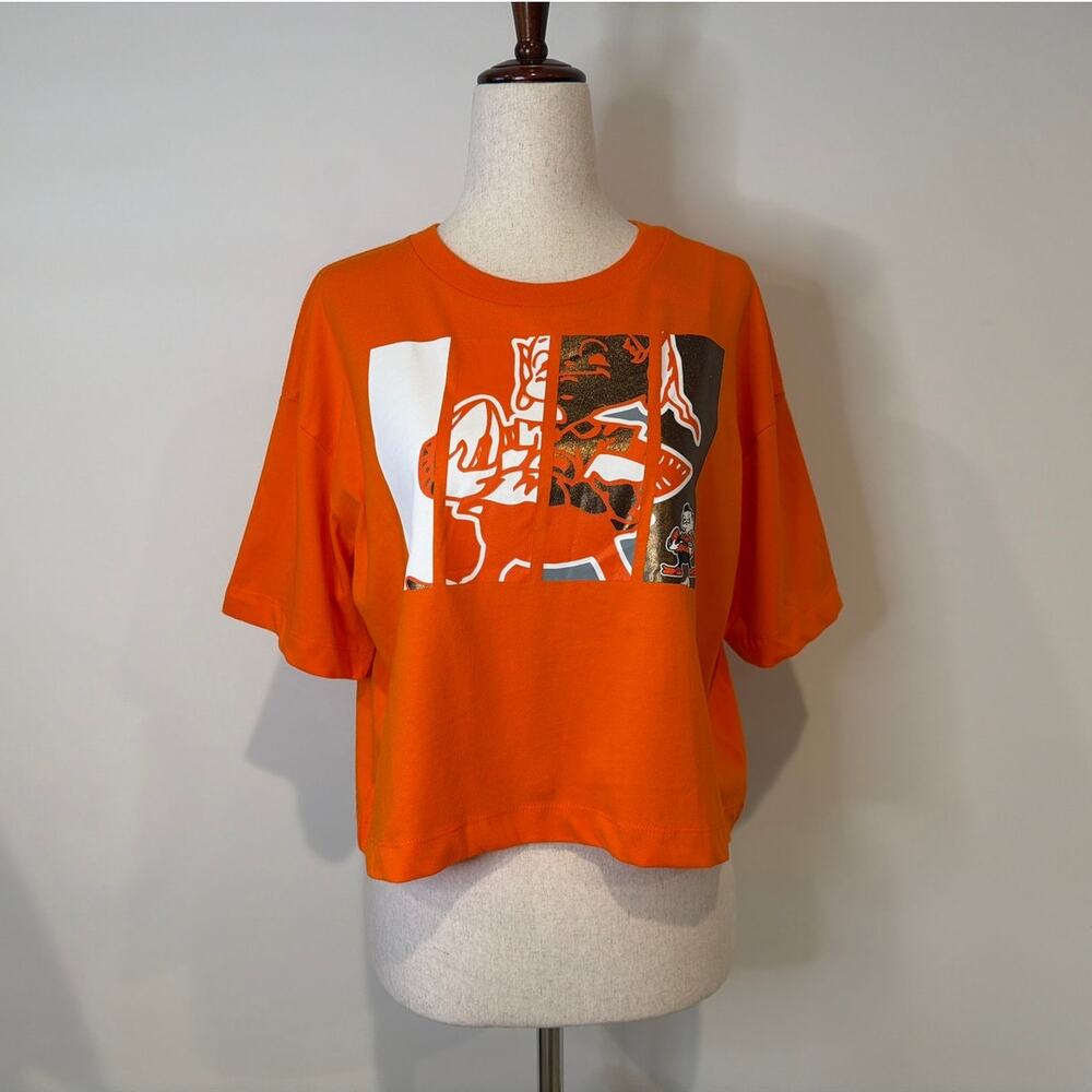 NWT Cleveland Browns Orange Oversized Cropped Graphic T-Shirt, Womens Size Large